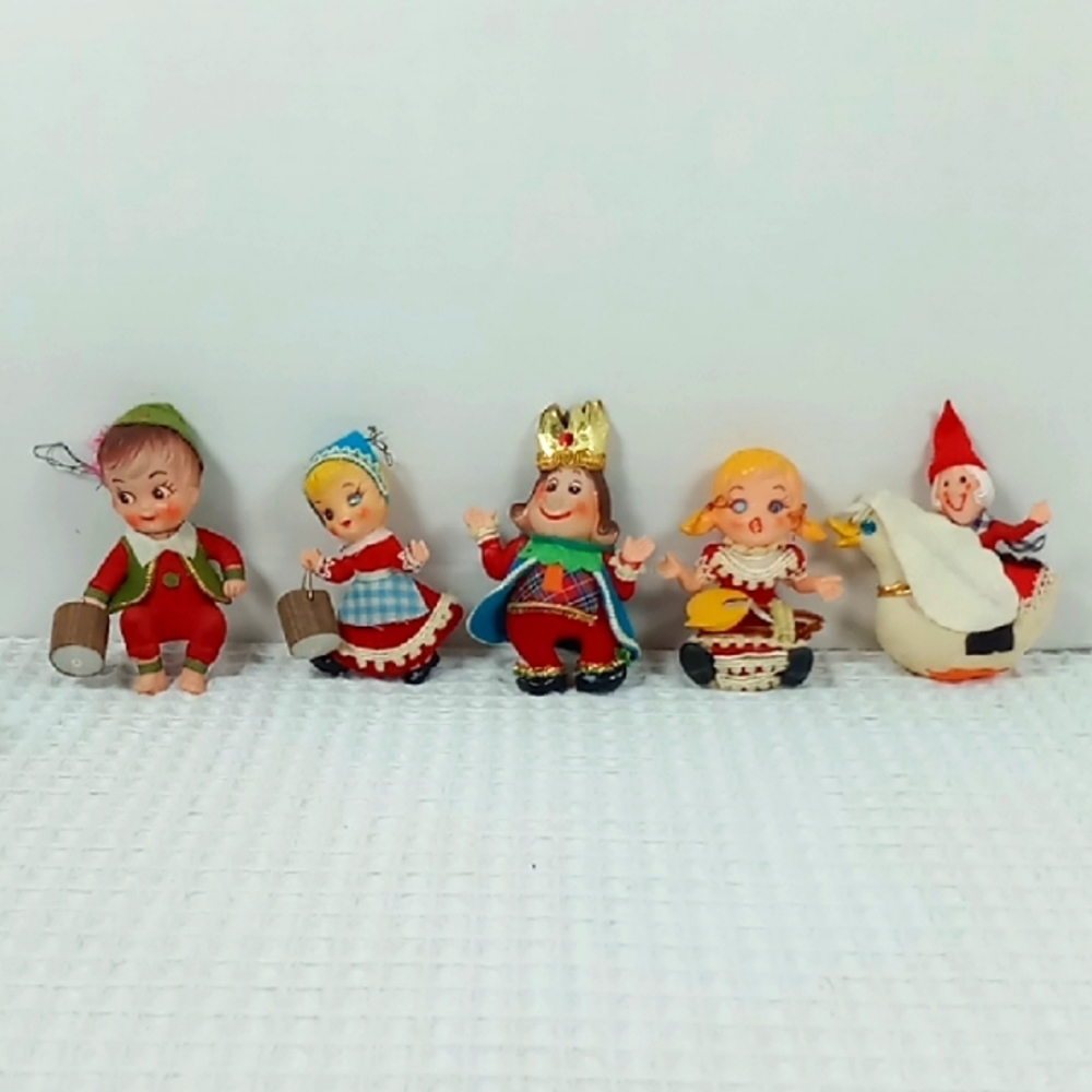 Vintage 60's Flocked Blow Mold Story Time Nursery Rhyme Christmas Ornaments 5 Pc